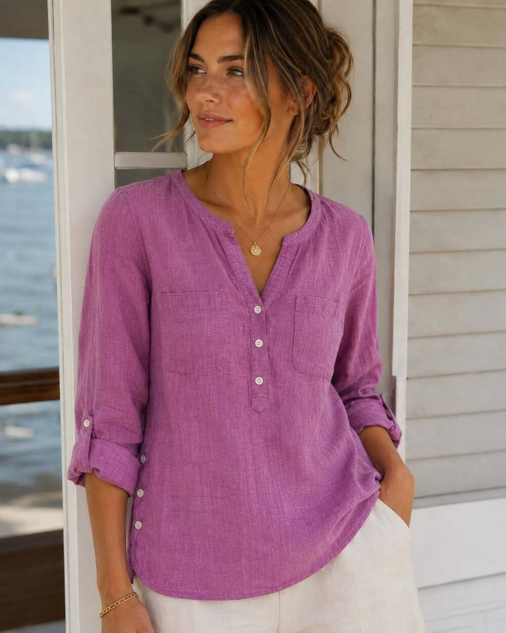 Talbots 100% Linen Purple Tunic Blouse Large Button Side Coastal Quiet Luxury
